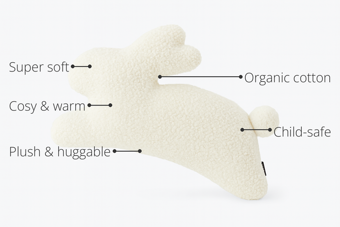 Anaario Rabbit Fleece Cushion features - organic cotton, super soft, cosy and warm, plush and huggable, child-safe