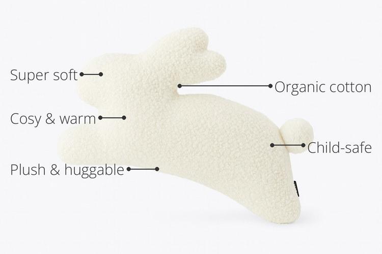 Anaario Rabbit Fleece Cushion features - organic cotton, super soft, cosy and warm, plush and huggable, child-safe