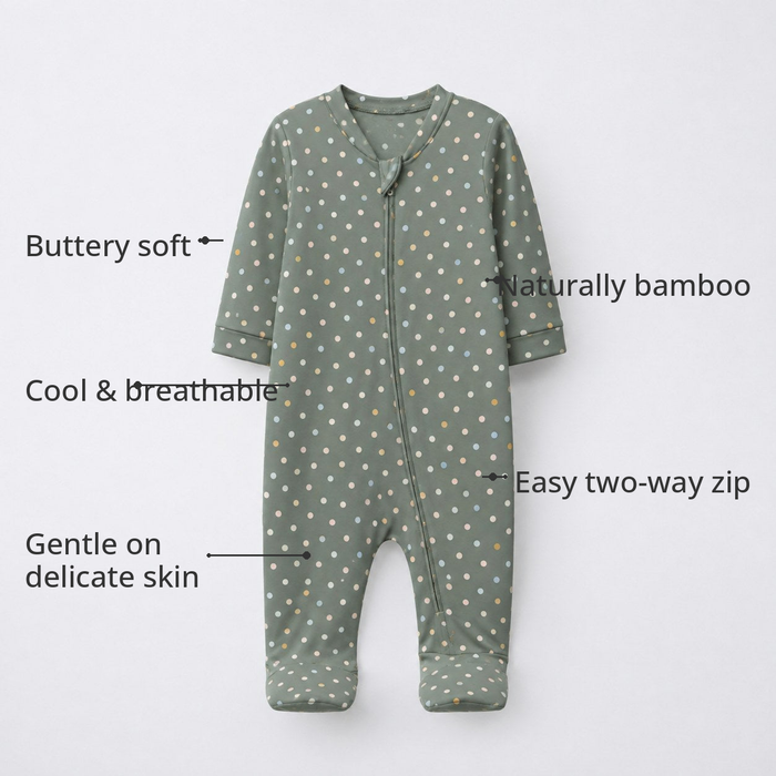 Forest Bear Bamboo Baby Sleepsuit – Zip Romper Onesie Combo – features