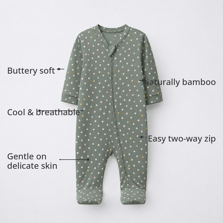 Forest Bear Bamboo Baby Sleepsuit – Zip Romper Onesie Combo – features