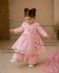 Anaario Baby Pink Parrot Angrakha Set features - organic cotton, super soft and rash free, breathable, dry clean only, customised measurements