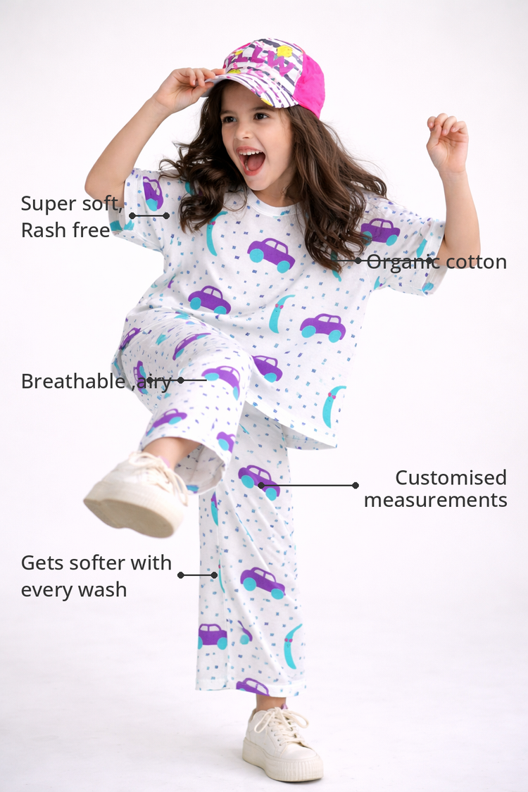 Anaario Banana and race cars Co-ord Set features - organic cotton, super soft and rash free, breathable, gets softer with every wash, customised measurements
