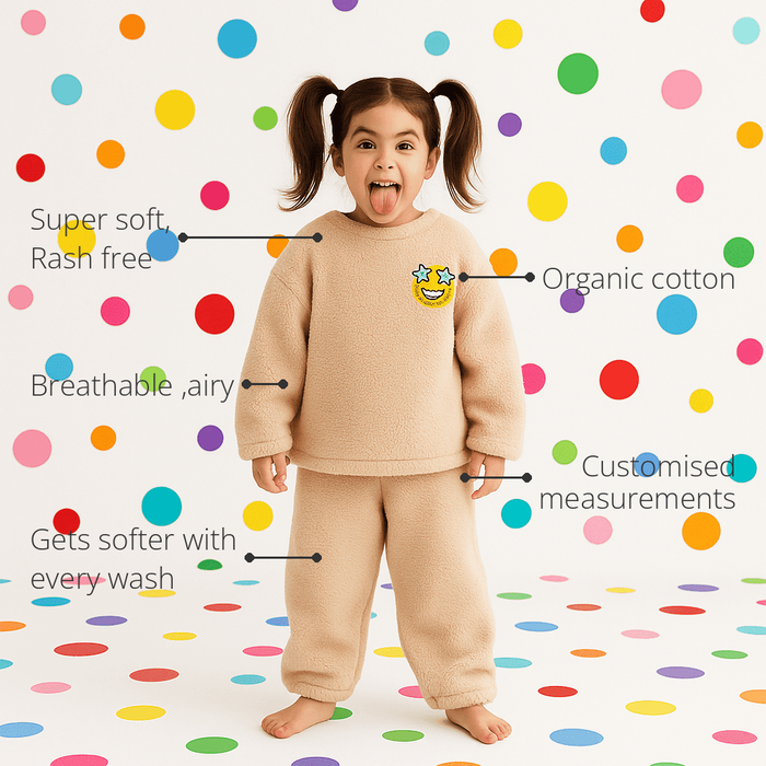 Anaario Beige Smiley Fleece Set features - organic cotton, super soft and rash free, breathable, gets softer with every wash, customised measurements