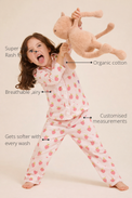 Anaario Berry Bloom Night Suit features - organic cotton, super soft and rash free, breathable, gets softer with every wash, customised measurements