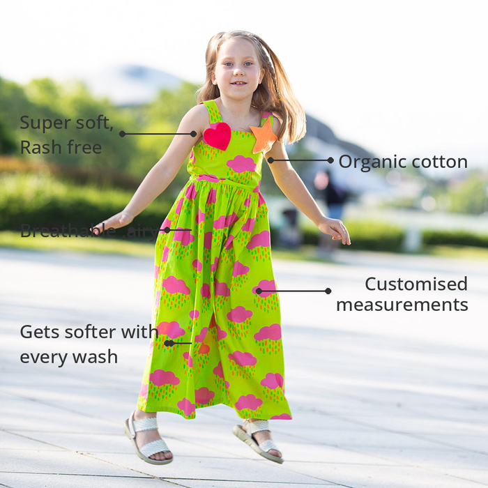 Anaario Bewitched Jumpsuit features - organic cotton, super soft and rash free, breathable, gets softer with every wash, customised measurements