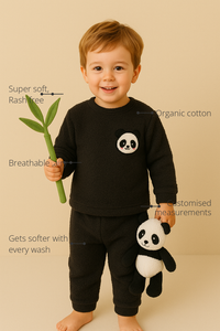 Anaario Black Panda Fleece Set features - organic cotton, super soft and rash free, breathable, gets softer with every wash, customised measurements