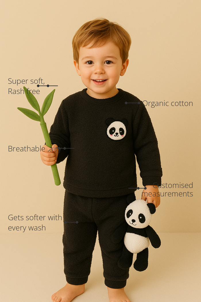 Anaario Black Panda Fleece Set features - organic cotton, super soft and rash free, breathable, gets softer with every wash, customised measurements