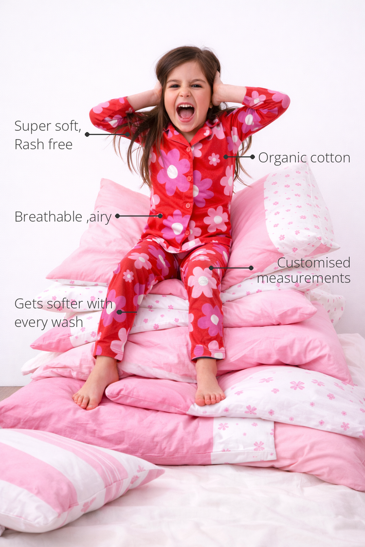 Anaario Bloom Pop Night Suit features - organic cotton, super soft and rash free, breathable, gets softer with every wash, customised measurements