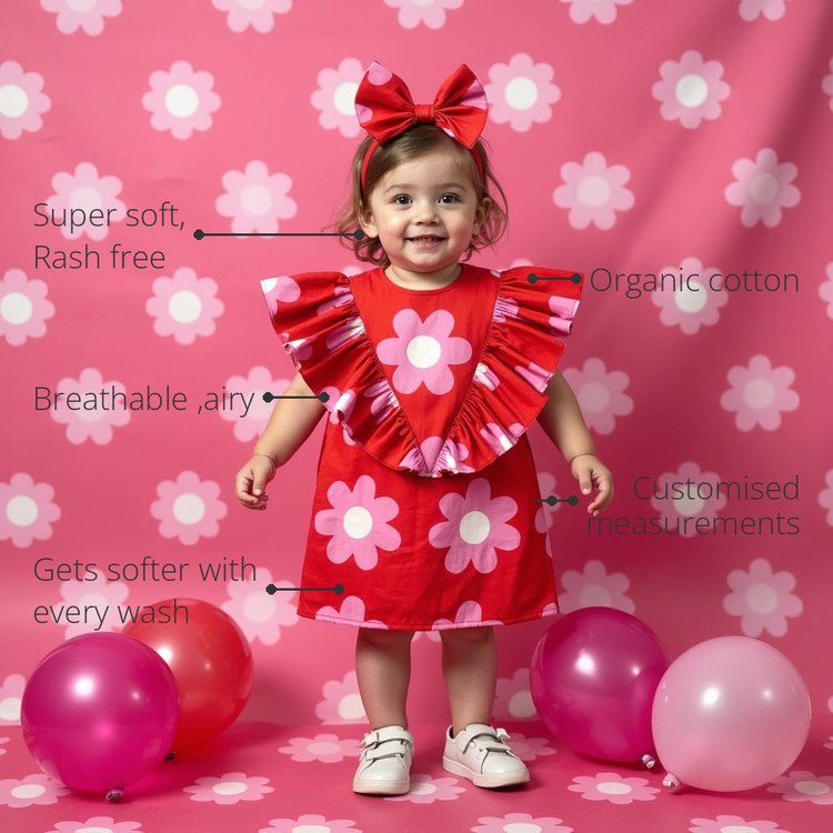 Anaario Bloom Pop Ruffle Dress features - organic cotton, super soft and rash free, breathable, gets softer with every wash, customised measurements