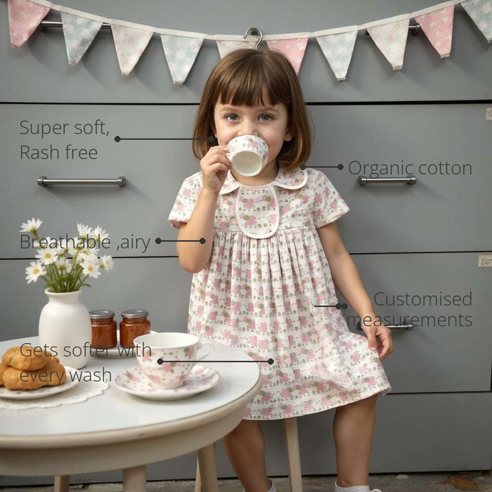 Anaario Blossom Belle Dress features - organic cotton, super soft and rash free, breathable, gets softer with every wash, customised measurements