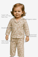 Anaario Blossom Belle Night Suit features - organic cotton, super soft and rash free, breathable, gets softer with every wash, customised measurements