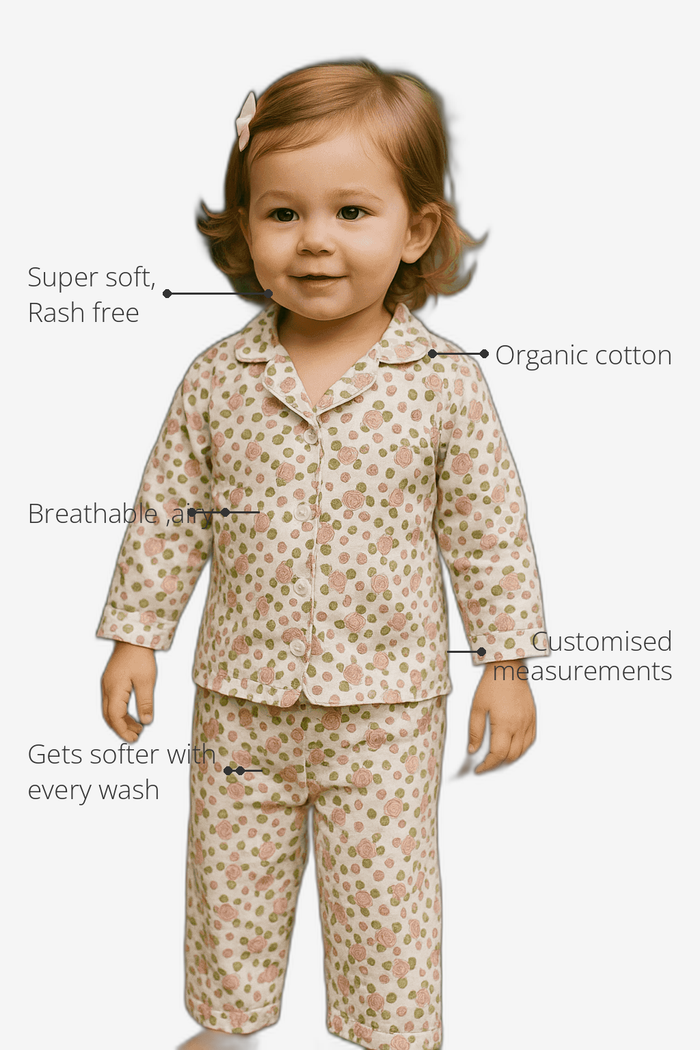 Anaario Blossom Belle Night Suit features - organic cotton, super soft and rash free, breathable, gets softer with every wash, customised measurements