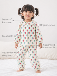 Anaario Blue and plum hearts Night Suit features - organic cotton, super soft and rash free, breathable, gets softer with every wash, customised measurements
