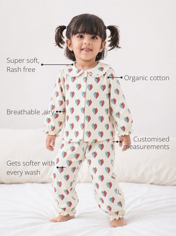 Anaario Blue and plum hearts Night Suit features - organic cotton, super soft and rash free, breathable, gets softer with every wash, customised measurements