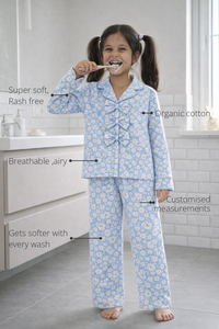 Anaario Bluebell Daisy Night Suit features - organic cotton, super soft and rash free, breathable, gets softer with every wash, customised measurements
