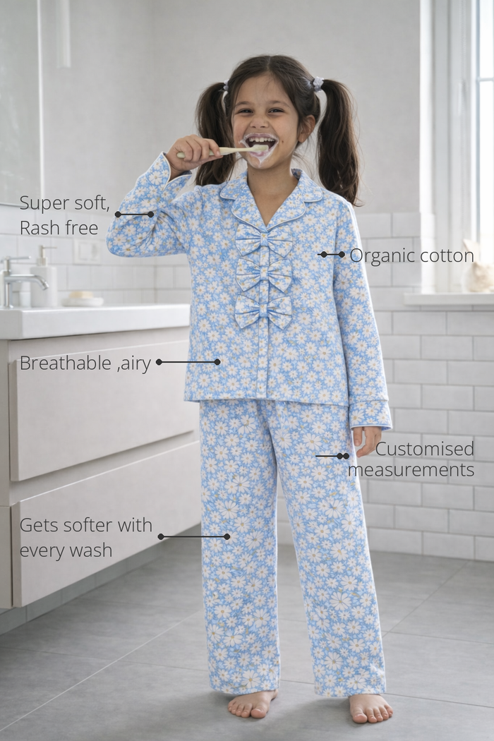 Anaario Bluebell Daisy Night Suit features - organic cotton, super soft and rash free, breathable, gets softer with every wash, customised measurements