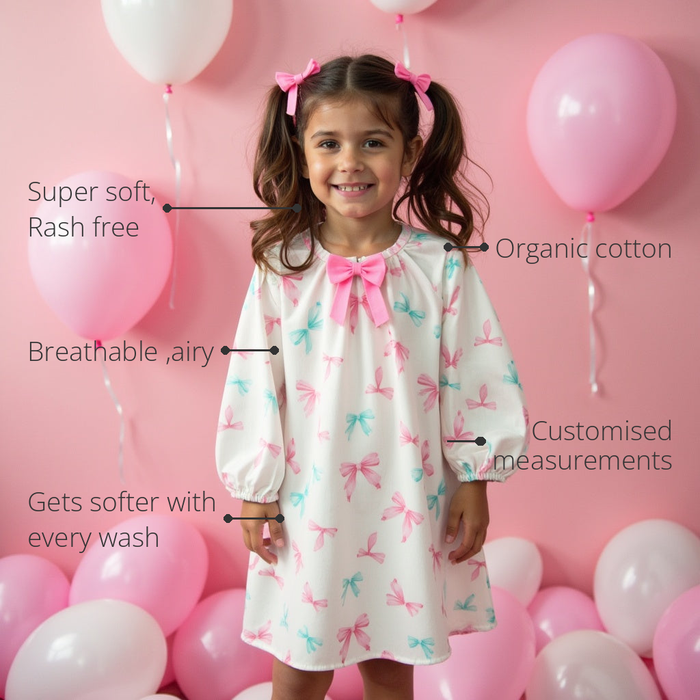 Anaario Bow Bliss Balloon Dress features - organic cotton, super soft and rash free, breathable, gets softer with every wash, customised measurements