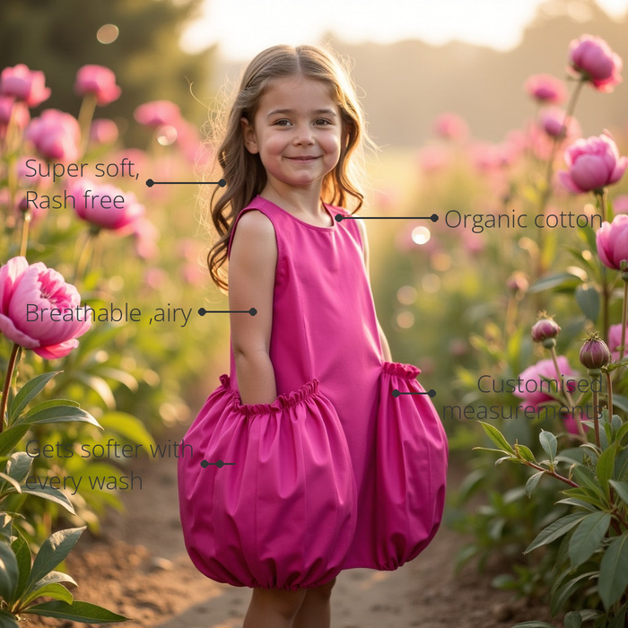 Anaario Bubblegum Pop Dress features - organic cotton, super soft and rash free, breathable, gets softer with every wash, customised measurements