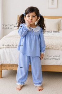 Anaario Bubbly Whispers Night Suit features - organic cotton, super soft and rash free, breathable, gets softer with every wash, customised measurements