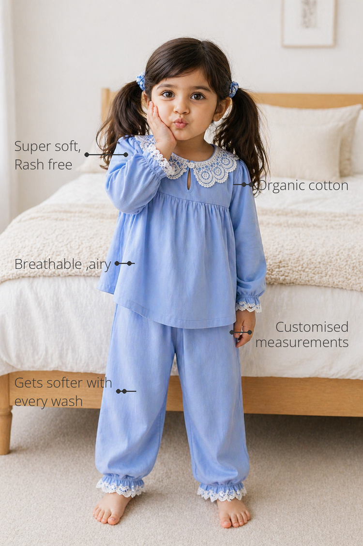 Anaario Bubbly Whispers Night Suit features - organic cotton, super soft and rash free, breathable, gets softer with every wash, customised measurements