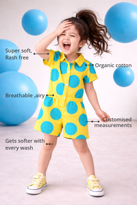 Anaario The Canary Teal Pop Romper features - organic cotton, super soft and rash free, breathable, gets softer with every wash, customised measurements