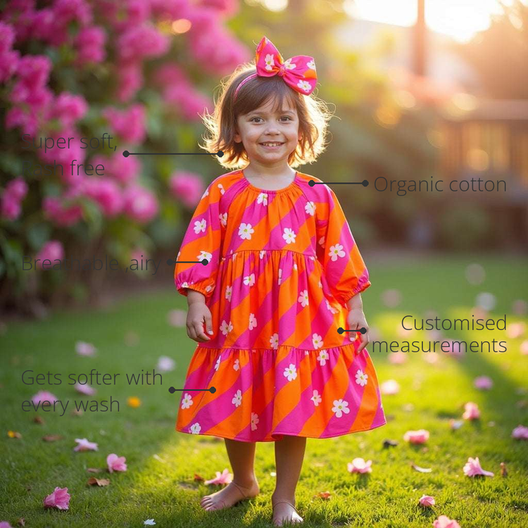 Anaario Candy Pop Daisy Dress features - organic cotton, super soft and rash free, breathable, gets softer with every wash, customised measurements