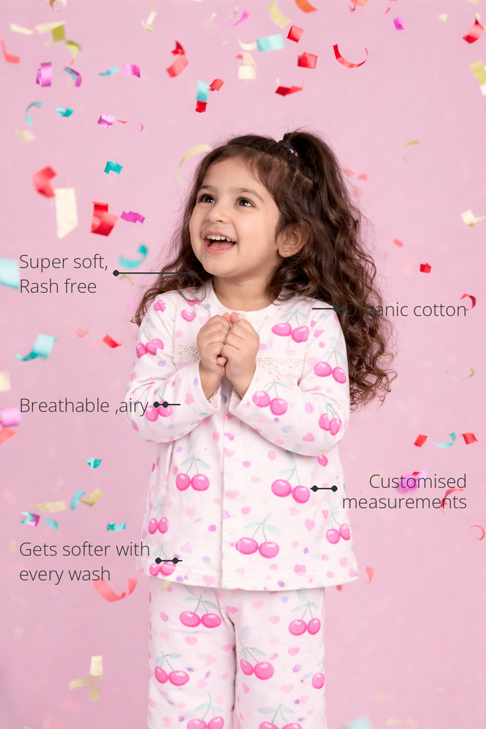 Anaario Cherry Heart Night Suit features - organic cotton, super soft and rash free, breathable, gets softer with every wash, customised measurements