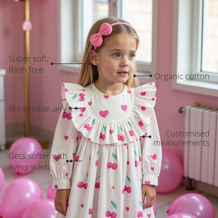 Anaario Cherry Heart Ruffle Dress features - organic cotton, super soft and rash free, breathable, gets softer with every wash, customised measurements