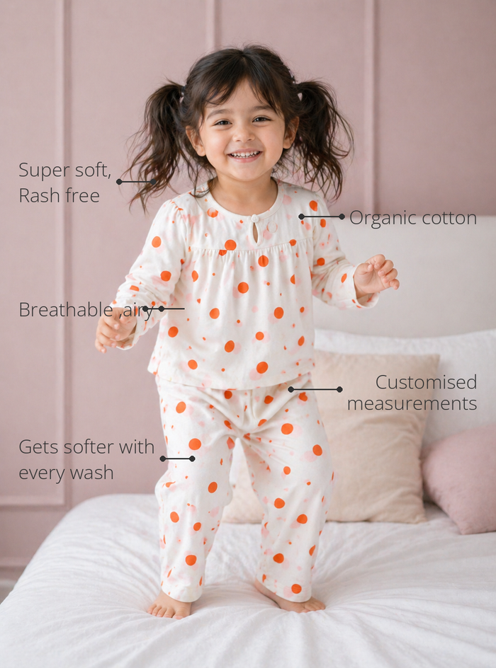 Anaario Citrus Pop Night Suit features - organic cotton, super soft and rash free, breathable, gets softer with every wash, customised measurements