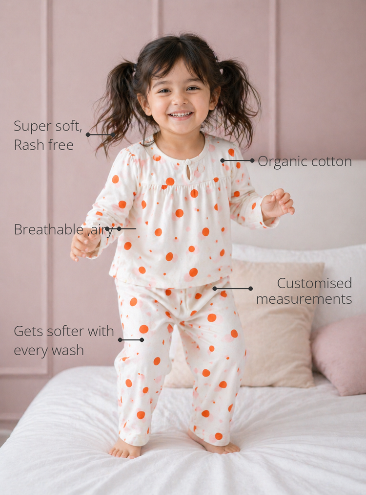Anaario Citrus Pop Night Suit features - organic cotton, super soft and rash free, breathable, gets softer with every wash, customised measurements