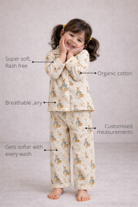 Anaario Classic Bunnies Night Suit features - organic cotton, super soft and rash free, breathable, gets softer with every wash, customised measurements