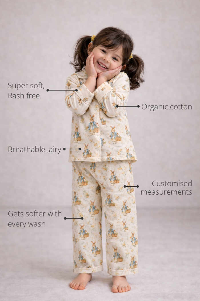 Anaario Classic Bunnies Night Suit features - organic cotton, super soft and rash free, breathable, gets softer with every wash, customised measurements