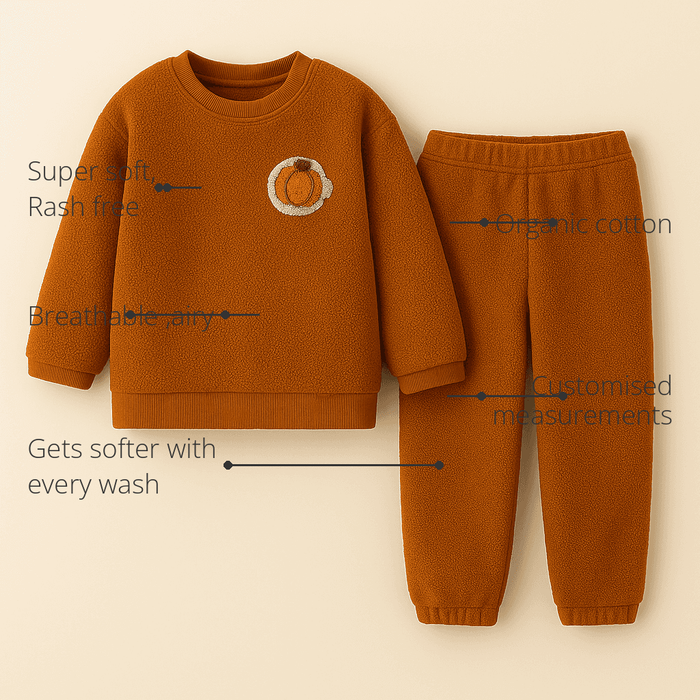 Anaario Cocoa Creek Fleece Set features - organic cotton, super soft and rash free, breathable, gets softer with every wash, customised measurements