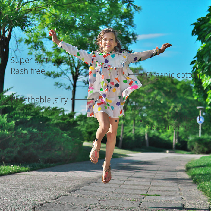 Anaario Confetti Party Dress features - organic cotton, super soft and rash free, breathable, gets softer with every wash, customised measurements