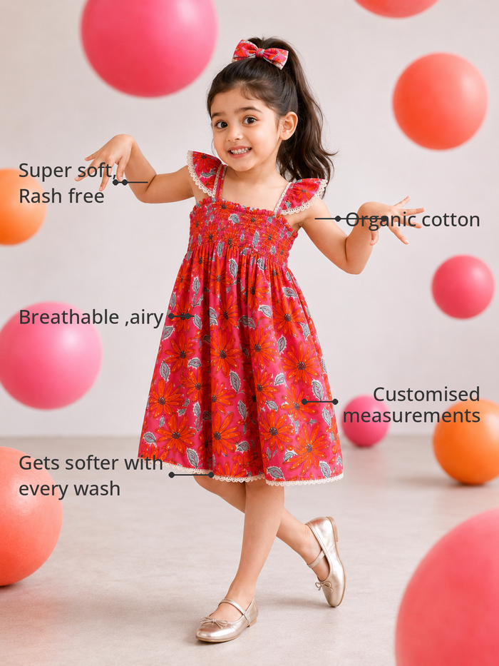 Anaario Coral Garden Smocked Dress features - organic cotton, super soft and rash free, breathable, gets softer with every wash, customised measurements