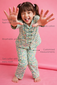 Anaario Cottage Bloom Night Wear features - organic cotton, super soft and rash free, breathable, gets softer with every wash, customised measurements