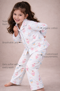 Anaario Cupcakes and Icecream Night Suit features - organic cotton, super soft and rash free, breathable, gets softer with every wash, customised measurements