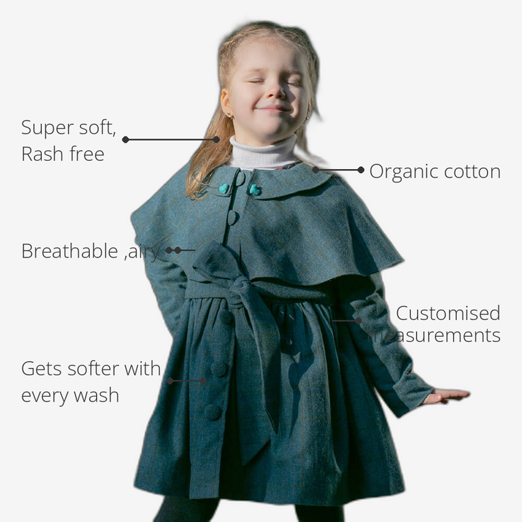 Anaario Diana Capelet Coat features - organic cotton, super soft and rash free, breathable, gets softer with every wash, customised measurements