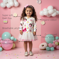 Anaario Dotty Donut Dress features - organic cotton, super soft and rash free, breathable, gets softer with every wash, customised measurements