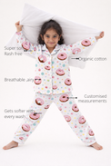 Anaario Dotty Donut Night Suit features - organic cotton, super soft and rash free, breathable, gets softer with every wash, customised measurements