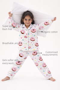 Anaario Dotty Donut Night Suit features - organic cotton, super soft and rash free, breathable, gets softer with every wash, customised measurements