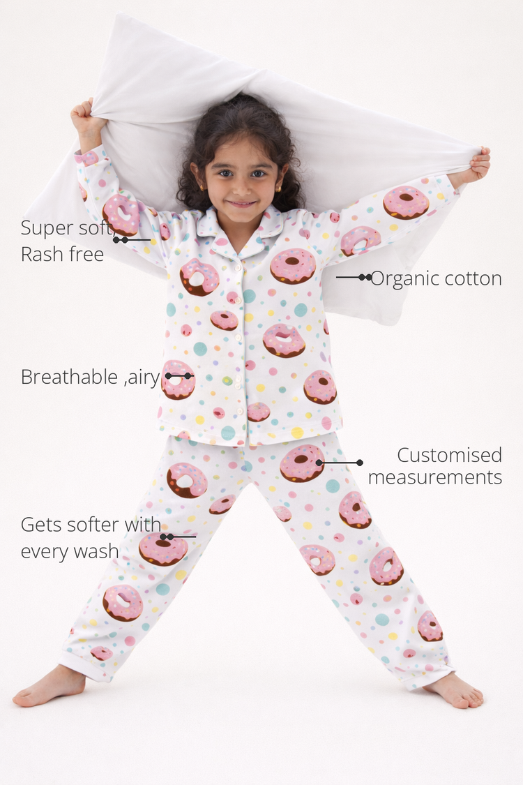 Anaario Dotty Donut Night Suit features - organic cotton, super soft and rash free, breathable, gets softer with every wash, customised measurements