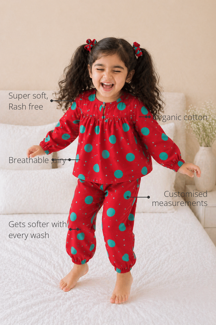 Anaario Dotty Dreams Night Suit features - organic cotton, super soft and rash free, breathable, gets softer with every wash, customised measurements