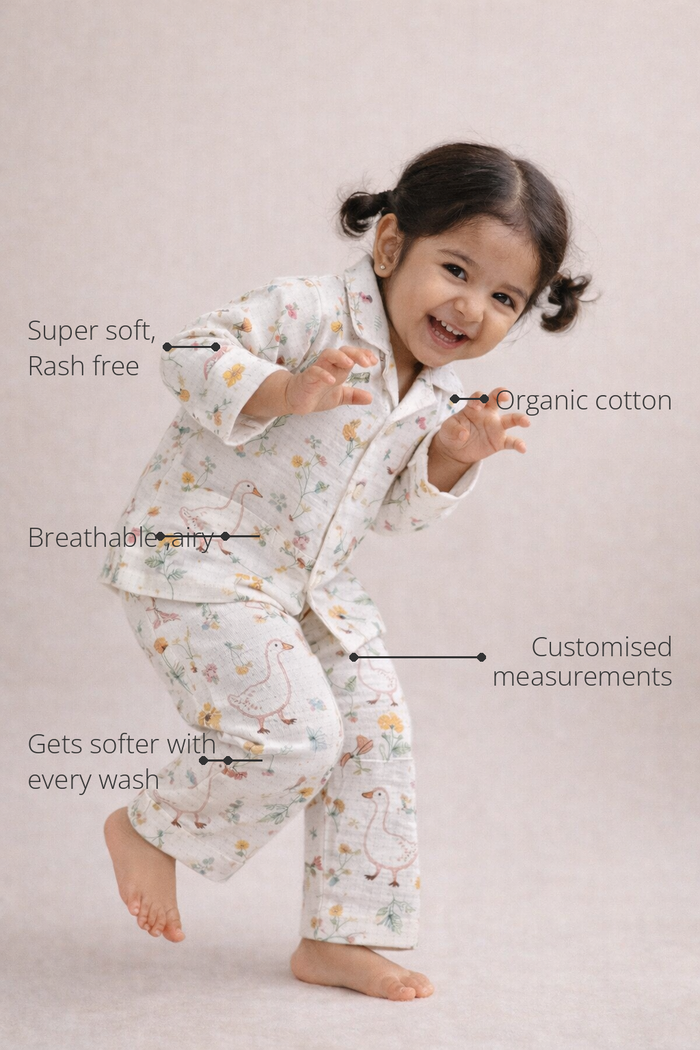 Anaario Ducks and Mouse Night Suit features - organic cotton, super soft and rash free, breathable, gets softer with every wash, customised measurements