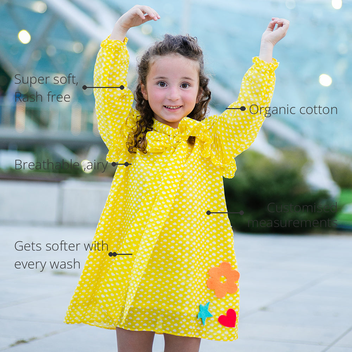 Anaario Fairytale Dress features - organic cotton, super soft and rash free, breathable, gets softer with every wash, customised measurements