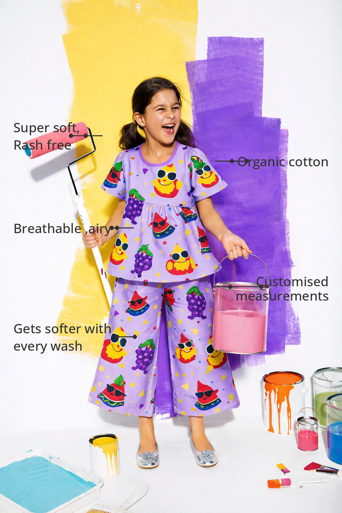 Anaario Fruity Surf Party Co-ord Set features - organic cotton, super soft and rash free, breathable, gets softer with every wash, customised measurements
