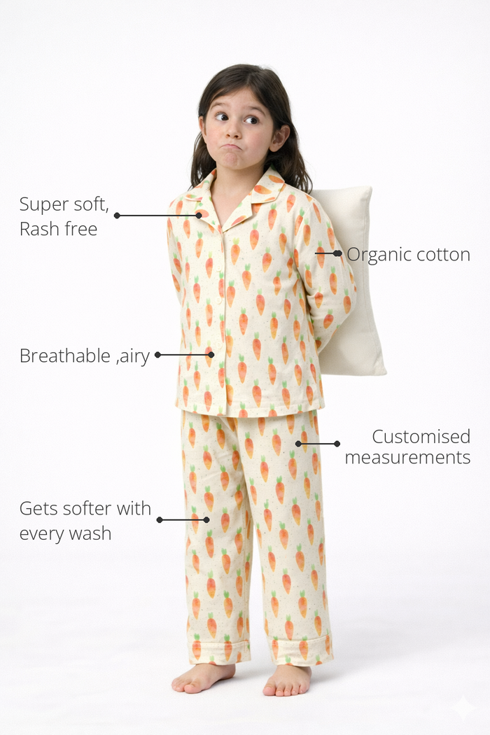 Anaario Garden Carrots Night Suit features - organic cotton, super soft and rash free, breathable, gets softer with every wash, customised measurements