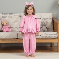 Anaario Giggles in Pink Night Suit features - organic cotton, super soft and rash free, breathable, gets softer with every wash, customised measurements