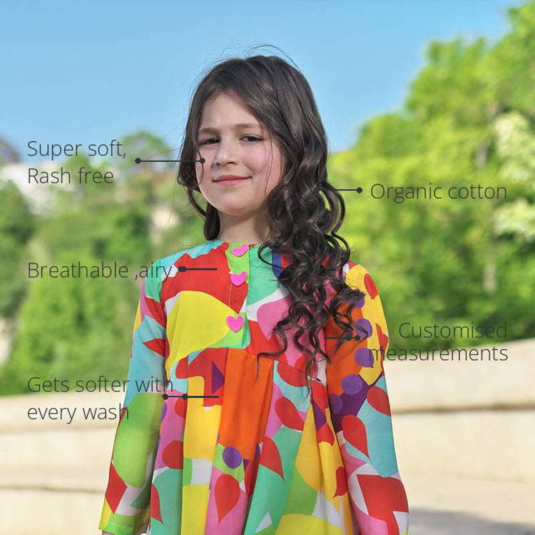 Anaario Golden Hour Dress features - organic cotton, super soft and rash free, breathable, gets softer with every wash, customised measurements