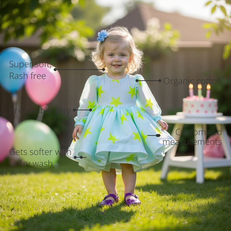 Anaario Bubbly Moana Dress features - organic cotton, super soft and rash free, breathable, gets softer with every wash, customised measurements
